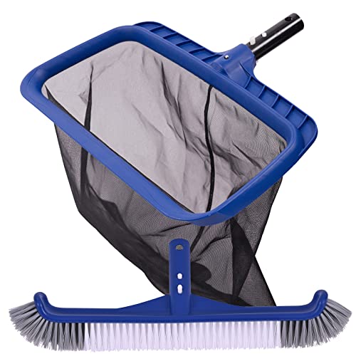 Fine Mesh Pool Net & Brush Head Combo - Sturdy Skimmer with 17.5" Professional Brushes for Pool Wall Cleaning Skimmer & Brush
