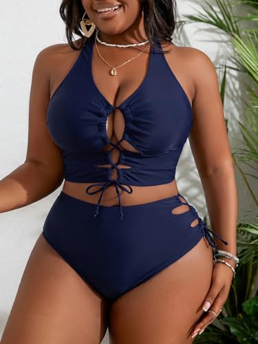 Image of SOLY HUX Women's Plus Size Bikini Set Sexy Swimsuit Lace Up Tummy Control 2 Piece Bathing Suit