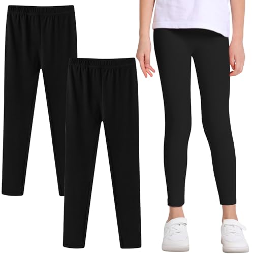 Domueay Leggings Niña Pack de 2, Niñas Algodón Negro Suaves y Transpirable Mallas Elásticas Deportivas Pantalones Largos Cómodos Baile Escolar Legging Infantil Ropa 9-10 Años