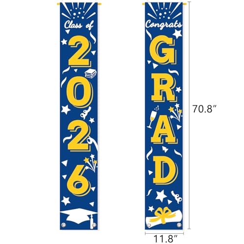 Image of Graduation Porch Banner Class Sign Congrats Grad Hanging Flags High School College University Party Decoration For Front Door Outdoor Blue Yellow