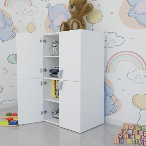 Image of VIKI Kids Wardrobe Almirah - 4 Door Kids Storage Cabinet for Bedroom, White, 40x60x102 cm | 1 Year Warranty