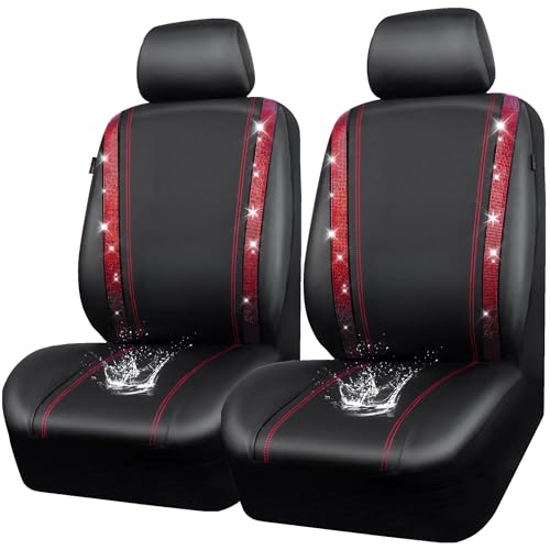 CAR PASS Leather Bling Diamond Car Seat Covers 2 Front Interior Sets, Waterproof Universal Shining Glitter Crystal Sparkle Fit for 95% Automotive Truck SUV Cute Women Girl, Black Red Rhinestone