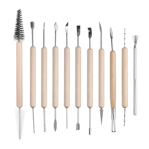 Kit Outils Poterie 11 Pièces Bois pour Argile Autodurcissante & Pate Fimo - Set Sculpture Céramique Complet pour Débutants et Artistes - Accessoires...
