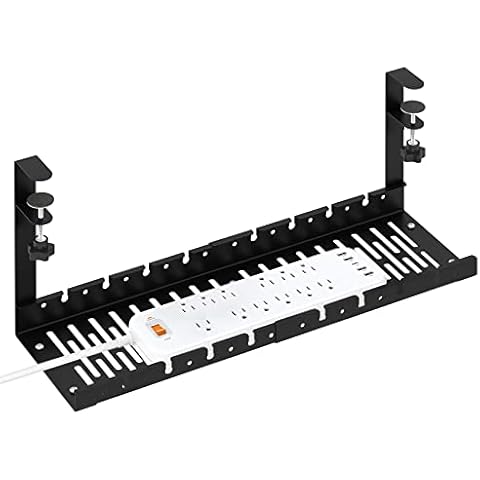 Under Desk Cable Management Tray, No Drill Cable Tray with Clamp, Adjustable Desk Wire Management Tray 13.8" - 21.8“, Cord Management with Cable Holder Ties for Home Office Standing Desk, Black Cover