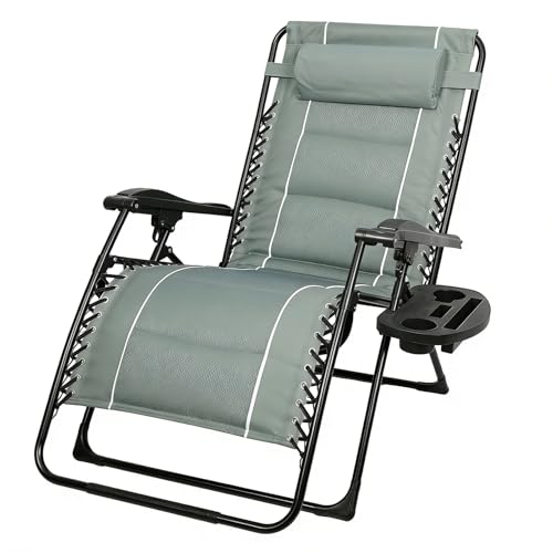 Askelierg Tumbona plegable para jardín, tumbona plegable, con soporte para bebidas y cojín, para exteriores, jardín, balcón, hasta 150 kg (verde gris)