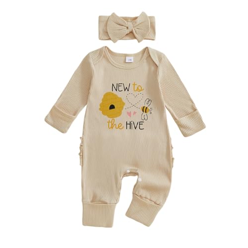Image of New to the Hive Newborn Outfit Bee Long Sleeve Romper Jumpsuit Coming Home Newborn Girl Outfits Clothes Fall Winter