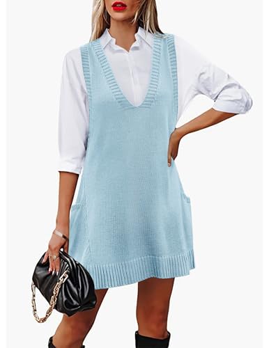 Image of HOTOUCH Women Sweater Vest Oversized V Neck Sleeveless Knit Pullover Ribbed Vest Dress with Pockets