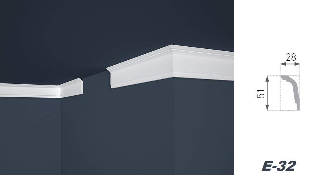 paquete decorativo de ahorro E-32-NK | incl. esquinas prefabricadas | ligero y estable | espuma de poliestireno extruido | de estuco | blanco moderno | XPS | 28 x 51 mm | 20 metros + 4 esquinas
