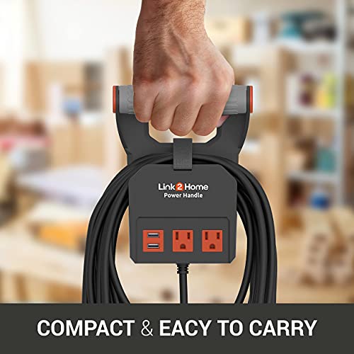 Link2Home 20 Ft. Power Handle Extension Cord W/ 2 Outlets & 2 USB Ports - Wall Bracket & Hardware Included - Thumbnail 4