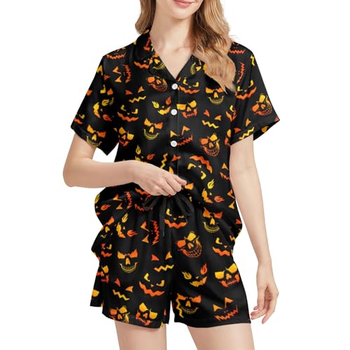 Image of Silk Satin Pajama Set for Women Summer Lounge Pjs Sets 2 Piece Suit Ladies Button Down Tops And Shorts Sleepwear
