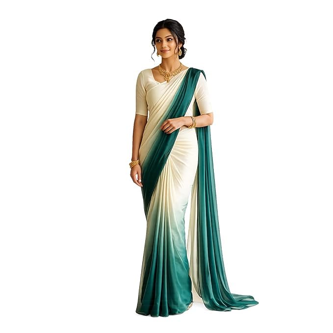 Women’s Ivory Cream Saree with Teal Green Ombre Pallu | Elegant Soft Georgette Chiffon Saree with Matching Blouse Piece | Wedding & Festive Ethnic Saree for Women-image-21
