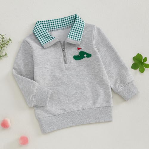 Toddler Baby Boy Golf Outfit Long Sleeve Hole In One Embroidery Polo Sweatshirt Plaid Lapel Quarter Zip Pullover Top2