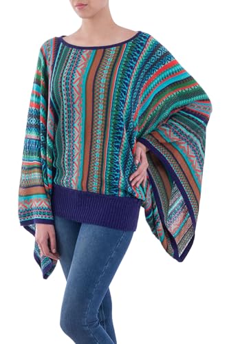 NOVICA Artisan Handmade Striped Kimono Sleeve Sweater Bohemian Knit from Peru in Turquoise Stripes Acrylic 'Lima Dance'2