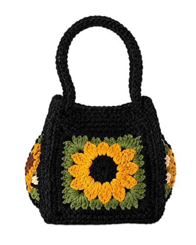 Image of RHC Hand Made Crochet Tote Bag with Sunflower Design, Black and Green, Granny Square Style 20x19x19