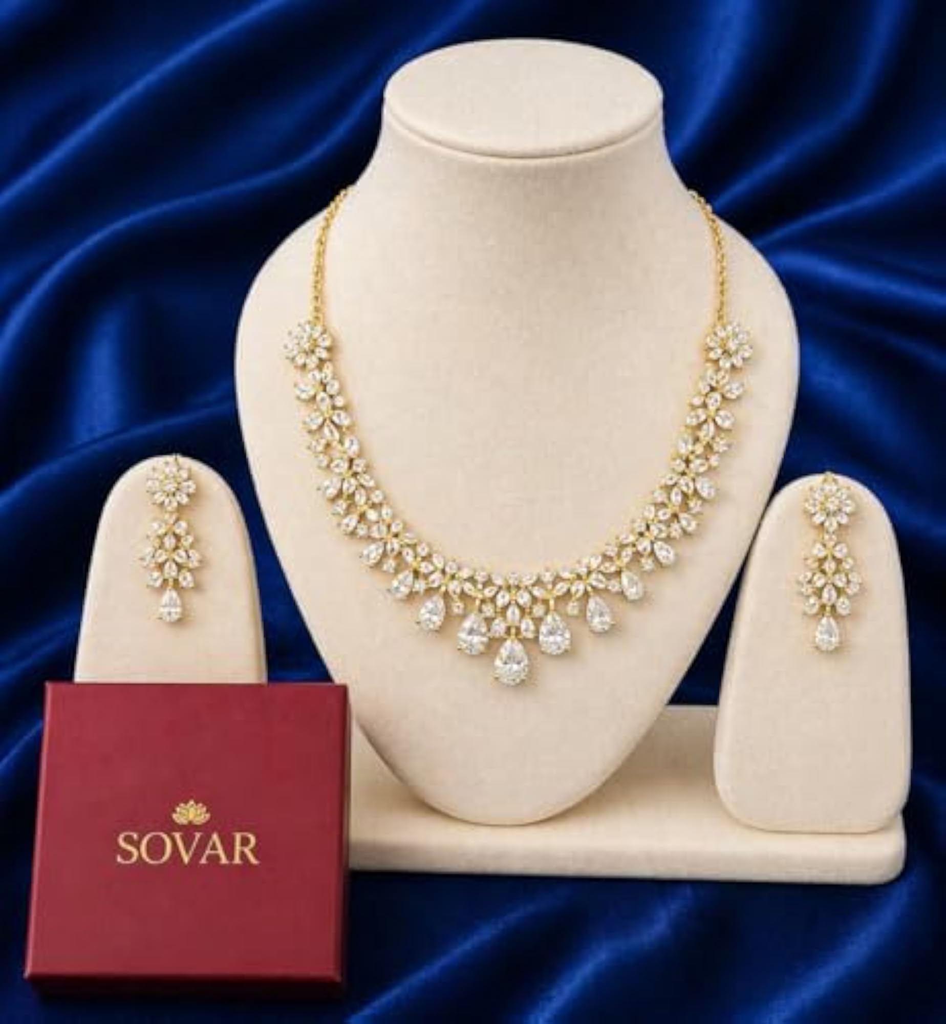 SOVAR Gold Plated American Diamond Necklace Set for Women