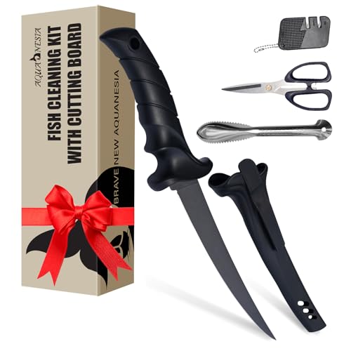 AQUANESIA Fishing Knife Set, 4pcs Boat Fish Cleaning Kit Includes Stainless Steel Fishing Knives Fish Scaler Fin Scissors & Sharpener Durable Gift for Anglers Fishing lover Men, Camping, Boating