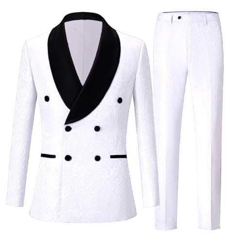 Jacquard Double Breasted Suits for Men 2 Piece Shawl Lapel Wedding Tuxedos Groom Suit Tux Blazer Pants Sets