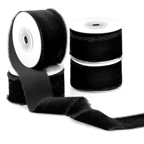 Preboun 4 Rolls Velvet Ribbon for Gift Wrapping 24 Yards Total Frayed Edge Velvet Silk Ribbon for Valentine‘s Day Wedding Baby Shower DIY Crafts Decor(Black,1.5 Inch)