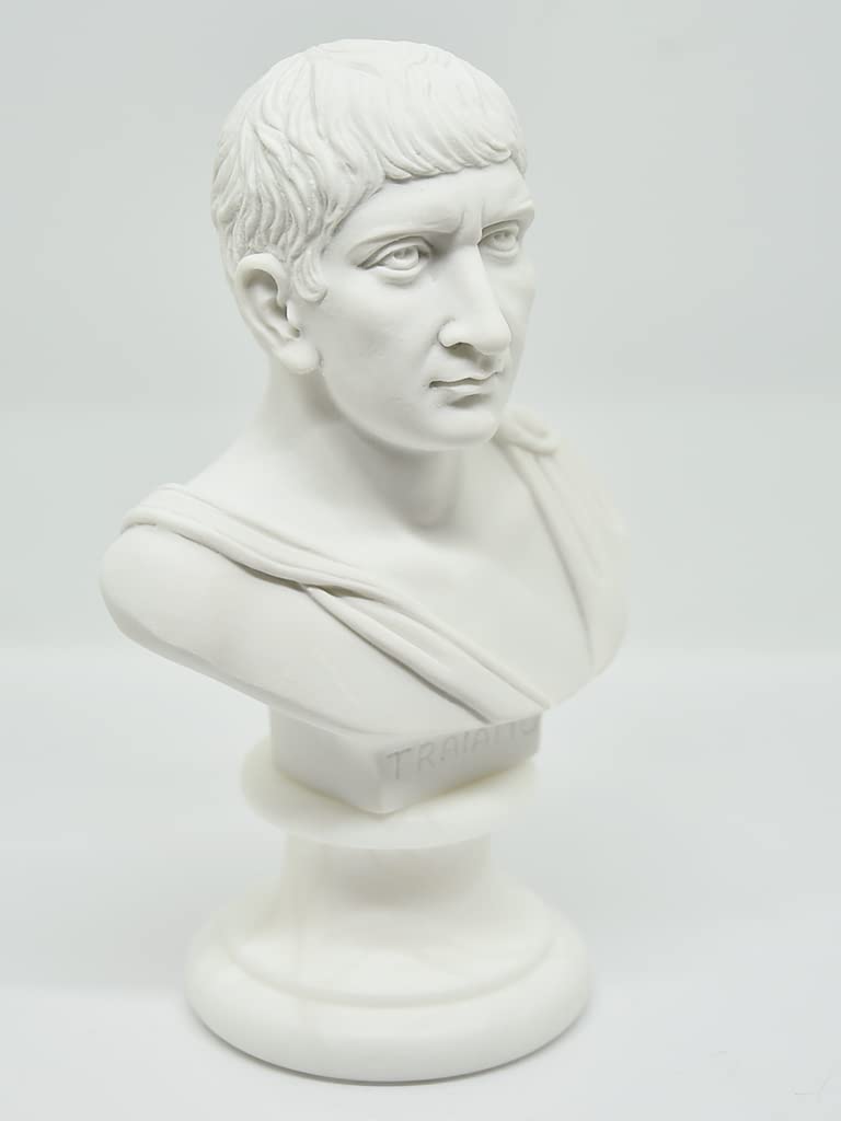 Riproduzione Busto: Traiano - Imperatore Romano - Scultura Marmo e Resina con base in alabastro, 15 cm, 350 gr - Artigianato Toscano Design – Idea Regalo Casa