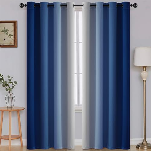 Image of SimpleHome Ombre Room Darkening Curtains for Bedroom, Gradient Royal Blue to Grey White Light Blocking Thermal Insulated Grommet Window Curtain /Drapes for Living Room,2 Panels, 52x84 inches Length