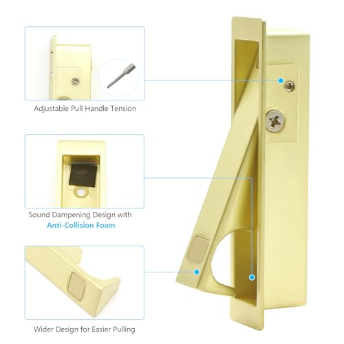 Dontay Pocket Door Hardware and Edge Pull con cerradura cuadrada, acabado en latón satinado, para puertas de dormitorio de 1-3/8 a 2-1/4 pulg, tirador grande, aleación de zinc, montaje empotrado miniatura 3