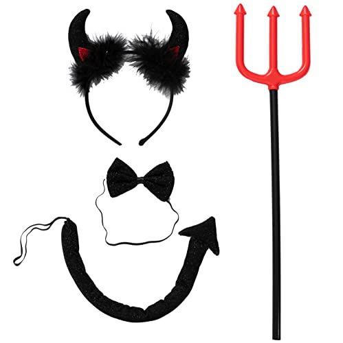 Spooktacular Creations 4 Pcs Halloween Devil Costume Set Demon Costume with Black Devil Horn Headband, Devil Pitchfork, Bow Tie, and Tail for Halloween Cosplay Party Accessories