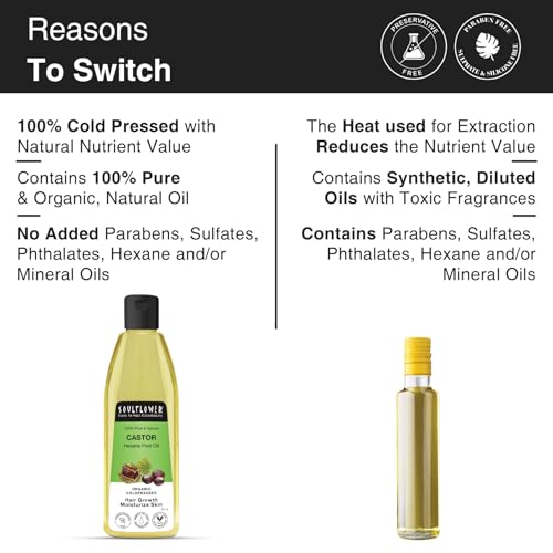 Image of Soulflower Organic Castor Hair Oil 225ml | Cold-Pressed & Clinically Proven for Hair Growth | Stronger Hair, Skin Hydration & Nail Care | 100% Pure & Natural | No Mineral Oil or Parabens