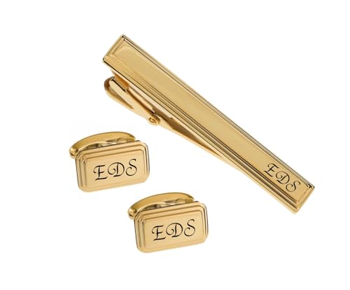 Personalized Gold Beveled Edge Cufflinks & Tie Clip Set Monogram Custom Engraved Free - Ships From USA