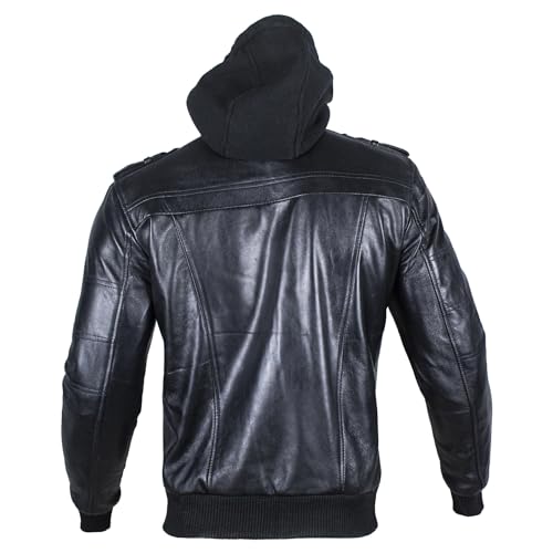 Image of Hooded Leather Jacket For Men | Bomber Leather Jacket Mens with Removable Hood