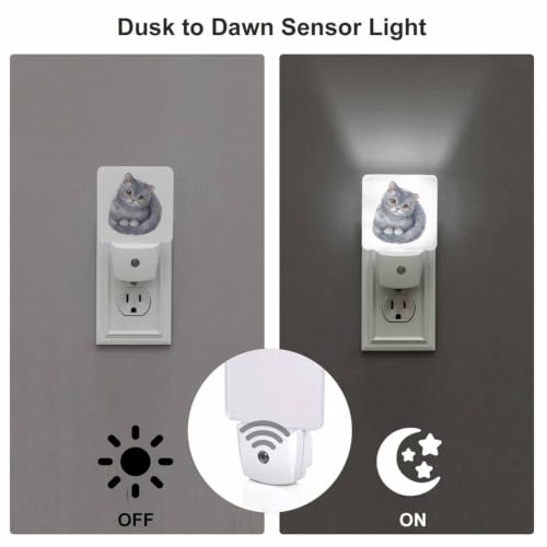 Image of LED Night Light,Creative Artistic Grey Cat LED Night Light Plug into Wall with Dusk to Dawn Light Sensor White Energy Efficient Nightlight for Bedroom Bathroom Hallway Living Room Kitchen