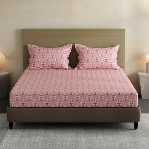 Image of Layers 100% Cotton Bedsheet for King Size Bed | Lumina Floret Collection | 144 TC Soft & Breathable | Floral Print with 2 Pillow Covers | Wrinkle Free & Colorfast | 3 Piece Bedding Set - Pink