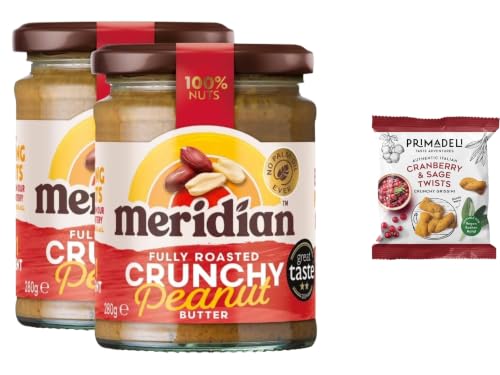 Image of Meridian Crunchy Peanut Butter 280g (Pack of 2) + Primadeli Snack - No Palm Oil, No Added Sugar & Salt - Vegan, Gluten & Dairy Free, from SuperfoodUK