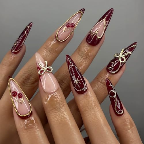 Stiletto Press on Nails Long Fake Nails French Tip False Nails with Bow 3D cherry Designs Red Cute Glossy Artificial Nails for Women 24Pcs