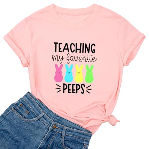 Ykomow Happy Easter Shirts for Women Hangin with My Peeps T Shirt Cute Easter Bunny Outfit Tees (2XL, Pink)