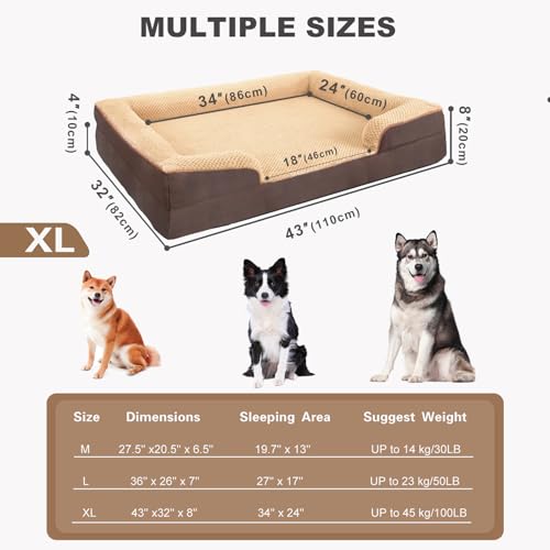 JOYELF Orthopädisches Hundebett für extra große Hunde, Schaumstoff-Sofa-Couch-Bett, wasserdichtes Haustierbett mit abnehmbarem, waschbarem Bezug und rutschfestem Boden für Hunde - Kaffee