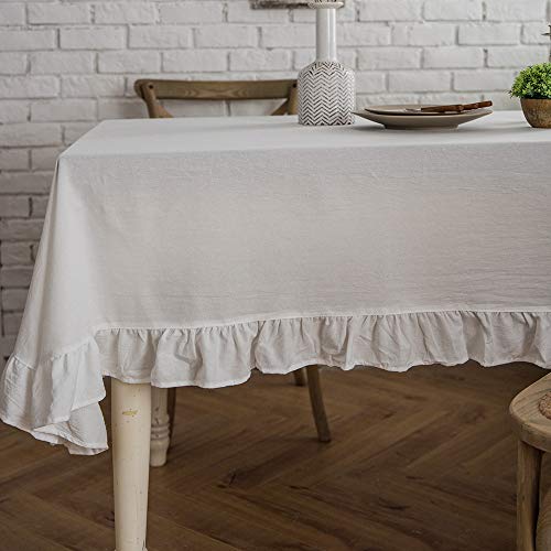 ColorBird French Vintage Ruffle Trim Tablecloth Washable Cotton Linen Table Cover for Kitchen Farmhouse Rustic Wedding Banquet Baby Shower Tabletop Use (Rectangle/Oblong, 60 x 102 Inch, White)