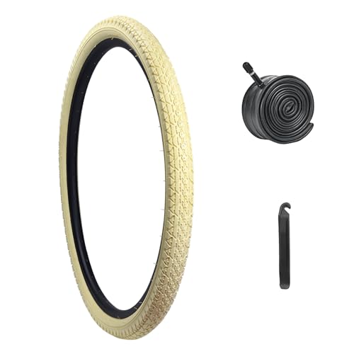 HUIOK 24x2.125 Bike Tire, 24 Inch Bike Tire Folding Beach Cruiser Bike Tires Cream 24x2.125 Bike Tires Replacement with Tubes and Levers