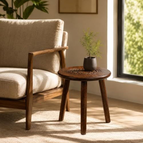 Image of WOOYNEX Wooden Table with Three Legs, Burnt, Round Coffee & Side Table | Modern, For Small Spaces with Pillar, Wood Books, Magazines, and Plant Stand, For Living Room, Entryway Table