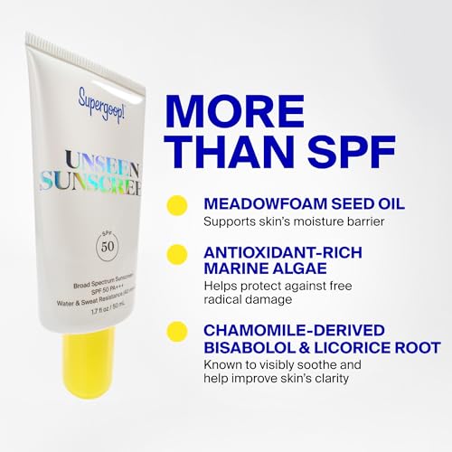 Image of Supergoop! Unseen Sunscreen - SPF 50 - Clear & Invisible Face Sunscreen + Broad Spectrum + Makeup-Gripping Primer - Weightless, Scentless, Oil Free - For All Skin Types & Tones - 0.3 fl oz