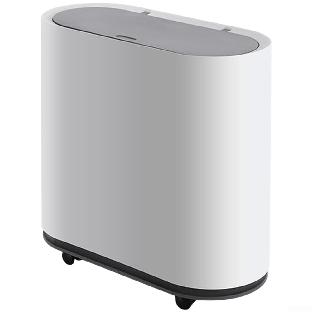 Pattumiera a doppio secchio con coperchio a pressione da 10 l, contenitore sottile in plastica per riciclaggio da cucina, separazione dei rifiuti asciutti e bagnati, con ruote, grigio (D)