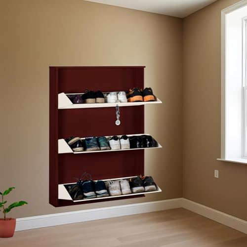 Image of DELITE KOM 29 Inch Wide, 3 Shelf Metal Shoe Rack Wall Mounted for Home with Central Lock | Holds Upto 12 Shoes or 18 Slippers Pair | 1 Year Warranty | (41 x 29 x 5, Coffee Ivory) | DIY | Space Saving