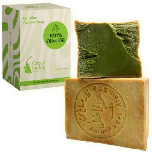 GREEN FADEL Sapone di Aleppo Originale 1 x 200g (Genuine) 100% Olio d'Oliva, Sapone all'Olio d'Oliva, Naturale, Fatto a Mano, Vegano, per Viso e Corpo