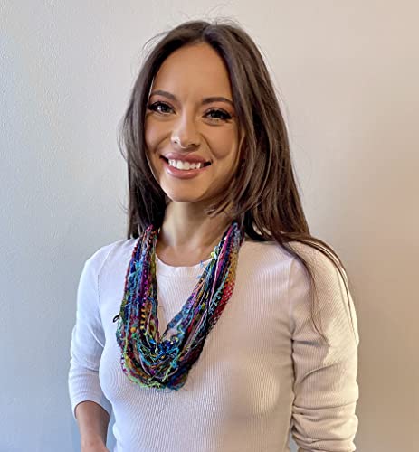 Women’s Handmade Bright Adjustable Multi Strand Fiber Scarf Necklace With Hand Dyed Yarns And Assorted Ribbons – Lrw Designs #TOP1