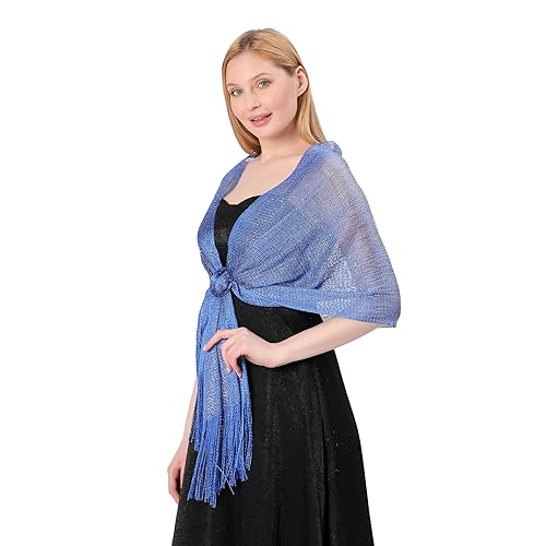 Image of Stoles for Evening Dress with Buckle, Fringes - Polyester Blend, Shimmer Stole Wraps for Weddings, Party | Women's Clothing