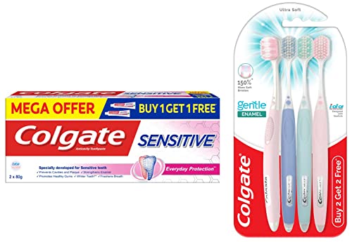 Image of Colgate Gentle Enamel Ultra Soft Bristles Manual Toothbrush For Adults, 4 Pcs & Sensitive Everyday Protection Toothpaste, Twin Pack Of 160G (80G X 2), Assorted