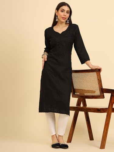 Image of Women's Chikankari-Lucknowi Embroidered Work | 3 /4 Sleeve | Knee Length | Round Neck | Cotton Fabric | Straight Kurta