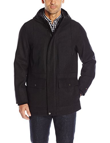 Tommy Hilfiger Men's Technical Wool Blend Hooded Stadium Jacket, Black, S