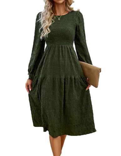 QUNERY Vestido Mujer Casual Midi Vestidos Manga Larga con Cuello en Redondo Elegante Vestido B-Ejercito Verde M