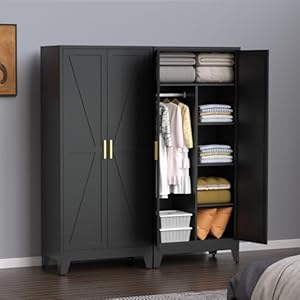 Steel Armoire Wardrobe Closet, 71″ Metal Clothing Storage Cabinets with 2 Doors & 3 Adjustable Shelves, Black Wardrobe Cabinet with Hanging Rod for Bedroom, Gym