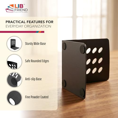 Image of LIBFRIEND Metal Non-Slip Bookends | Powder-Coated L-Shaped Book Holder for Desk, Office, Study Table and Library | Multicolour Options | Set of 2 (Black, S)